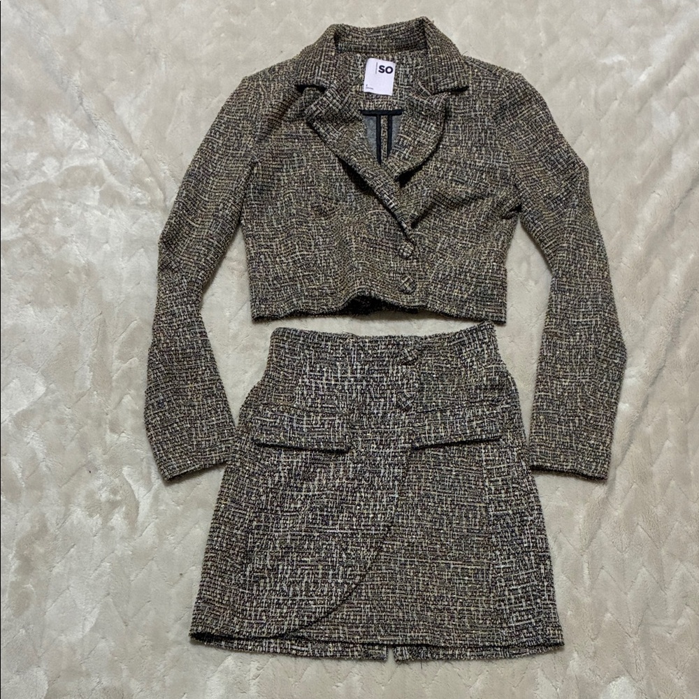 SO Brown Tweed Skirt Set - Cropped Blazer & Mini Skirt SET